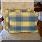 D76. Pair of yellow and blue plaid pillows. 